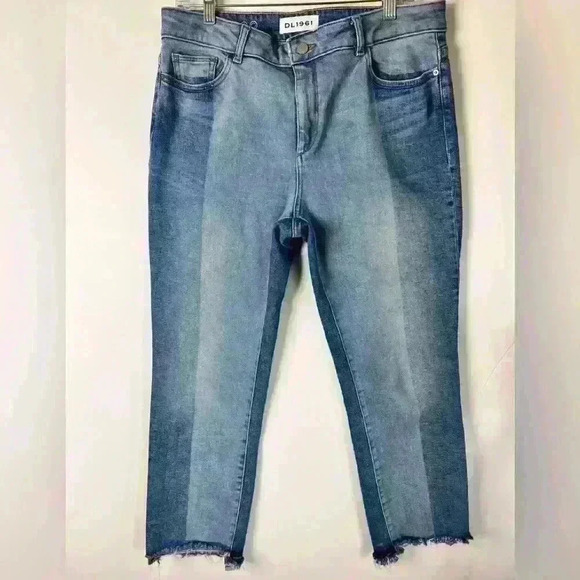 DL1961 Two-Tone Denim Jeans with Frayed Edges - Picture 1 of 8